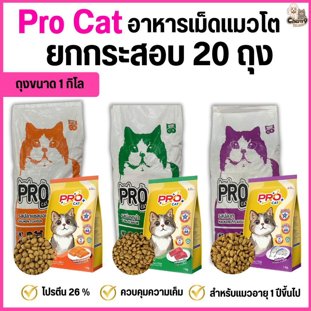 อาหารแมว PRO CAT โปรตีน26% สูตรลดความเค็ม ขนนุ่มสวย สำหรับแมว 1 ปีขึ้นไป (ยกกระสอบ 20 ถุง ขนาดถุง 1 กิโลกรัม)