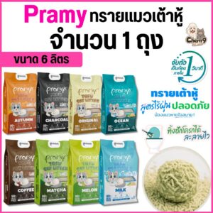 ทรายแมวเต้าหู้ Pramy พรามี่ สูตรไร้ฝุ่น จับตัวเป็นก้อนเร็ว ขนาด 6 ลิตร กลิ่นหอม