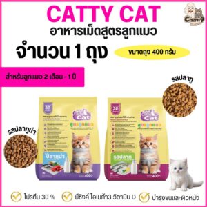 catty cat อาหารเม็ดสูตรลูกแมวอายุ 2 เดือนถึง 1 ปี เม็ดเล็กเคี้ยวง่าย โปรตีน30%. ขนาด400กรัม #FT77 #FT78